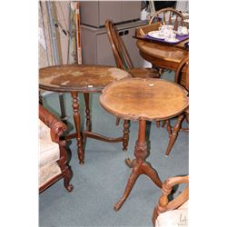 Two mid century occasional tables including one with center pedestal and matched grain top