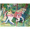 Image 2 : Framed original watercolour/gouache painting of carousel horses signed by artist Pat (Patricia) Trud