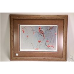 Framed limited edition print "Highbush Cranberries Cardinal" pencil signed by artist Robert Bateman 