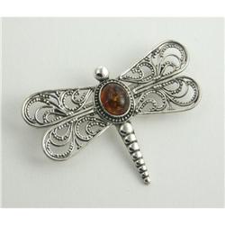 STERLING SILVER AND AMBER DRAGONFLY BROOCH