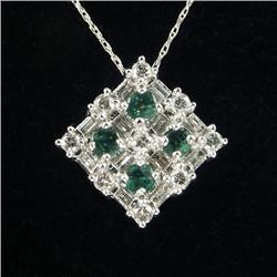 EMERALD, DIAMOND & 14K WHITE GOLD PENDANT & CHAIN
