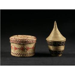 TWO BASKETS WITH LIDS ONE AFRICAN