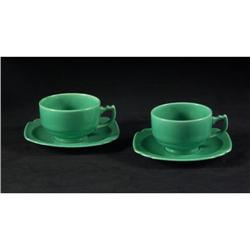 FIESTA STYLE POTTERY TEA CUPS AND SAUCERS GREEN