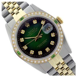 Rolex Men's Two Tone 14K Gold/SS, QuickSet, Diam Dial & Diam/Emerald Bezel - REF-557K7T