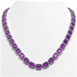 50.99 ctw Amethyst & Diamond Micro Pave Halo Necklace 10k White Gold - REF-677F6M