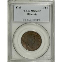 1723 1/2P Hibernia Halfpenny MS64 Brown PCGS. No stop
