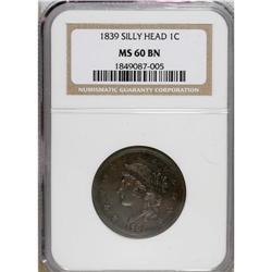 1839 1C Silly Head MS60 Brown NGC. N-4, R.1. Sharply s