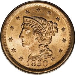 1850 1C MS65 Red PCGS. N-19, R.2. Grellman die state b