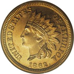 1862 1C PR66 Cameo NGC. The 1862 proof cents have a mi