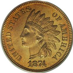 1874 1C PR66 Red PCGS. This is a lovely Premium Gem pr