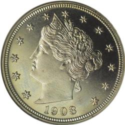 1908 5C PR67 Cameo NGC. This amazing proof is tied for