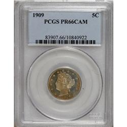 1909 5C PR66 Cameo PCGS. Cherry-red, gold, pale rose,