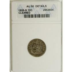 1858-S 10C --Cleaned--ANACS. AU50 Details. The obverse