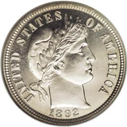 1892 10C PR67 Cameo NGC. The mint reportedly struck 1,