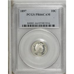 1897 10C PR66 Cameo PCGS. Ice-white motifs contrast wi