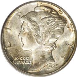 1935-D 10C MS67 Full Bands PCGS. Peach-gold, plum-mauv