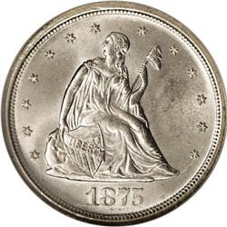 1875-S 20C MS65 NGC. Struck from an advanced state of