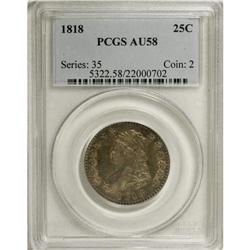 1818 25C AU58 PCGS. B-10, R.3. Golden-brown and dove-g