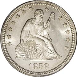 1858 25C MS65 PCGS. The high-mintage 1858 quarter is o