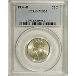 1934-D 25C Medium Motto MS65 PCGS. The yellow-gold fie