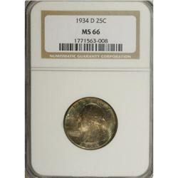 1934-D 25C Heavy Motto MS66 NGC. Violet-blue hues radi