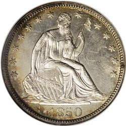 1850 50C MS64 NGC. Golden-brown and sea-green margins