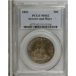 1853 50C Arrows and Rays MS62 PCGS. UNITED STATES is d