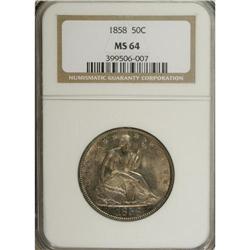1858 50C MS64 NGC. Golden-brown and pale mauve toning