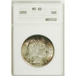 1892 50C MS60 ANACS. Strongly lustrous with pleasing d