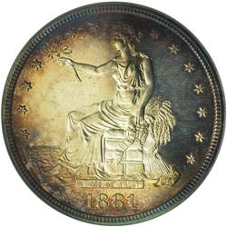 1881 T$1 PR65 NGC. Golden-brown, plum-red, and electri