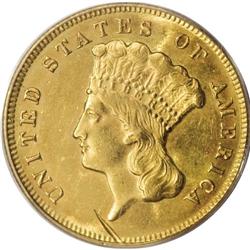 1874 $3 Three Dollar Gold--Struck Through Obverse--MS6