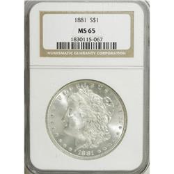 1881 S$1 MS65 NGC. The shimmering silver-gray surfaces