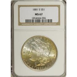 1881-S S$1 MS67 NGC. Yellow-gold and pink-rose toning