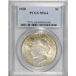 1928 S$1 MS64 PCGS. Sun-gold and aqua-green enrich thi