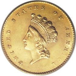 1854 G$1 Type Two MS62 PCGS. Sharply struck with less