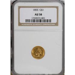 1855 G$1 AU58 NGC. Sharply struck except for the 55 in