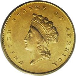 1855 G$1 MS62 PCGS. Both sides of this Type Two gold d
