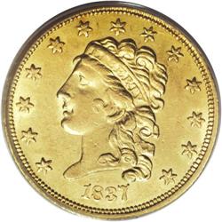 1837 $2 1/2 AU58 PCGS. McCloskey-B, R.3. This issue''s