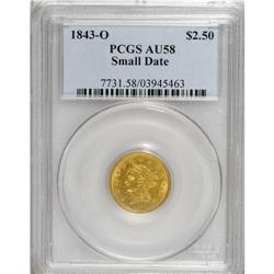 1843-O $2 1/2 Small Date, Crosslet 4 AU58 PCGS. Bright