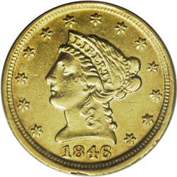 1846-D $2 1/2 AU53 PCGS. Variety 7-J. A sharply struck