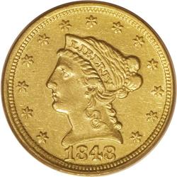 1848-D $2 1/2 AU55 PCGS. Variety 10-N. Choice AU with