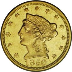 1850-C $2 1/2 AU58 PCGS. Variety 12-G. Two different r