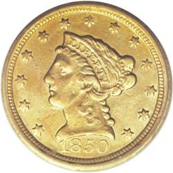 1850-D $2 1/2 AU55 ICG. The obverse is typically well
