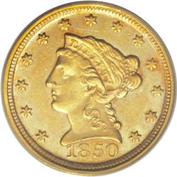 1850-D $2 1/2 AU58 PCGS. Variety 13-M. The only known