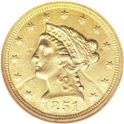 1851-C $2 1/2 AU58 NGC. Variety 13-G. The Charlotte Mi