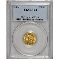 1853 $2 1/2 MS64 PCGS. Choice with minimally marked ye