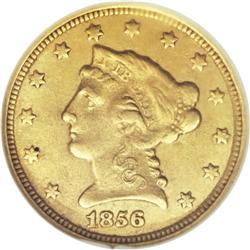 1856-C $2 1/2 AU55 NGC. Variety 17-J. This tan-gold Ch