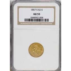 1857-S $2 1/2 AU55 NGC. Subtly lustrous with pale emer