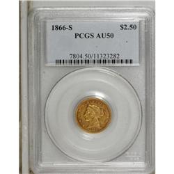 1866-S $2 1/2 AU50 PCGS. Orange-red patina clings to p