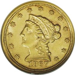 1867-S $2 1/2 MS61 NGC. Bright luster dominates the de